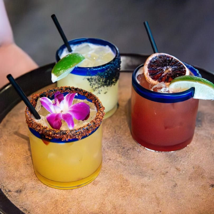 Three colorful Mexican cocktails, two garnished with lime and one with an orchid, on a serving tray.